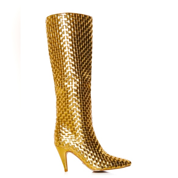 Azalea Wang Metallic Gold Woven Leather Knee High Boots - Picture 2 of 4